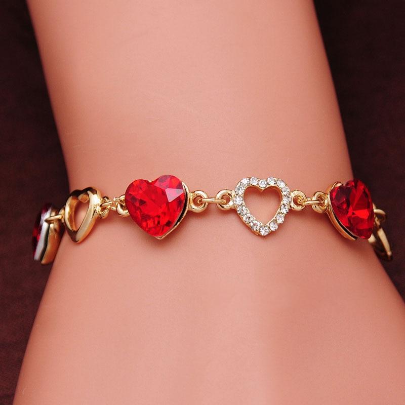 Double Heart Crystal Charm Bracelet in Romantic Gold Tone