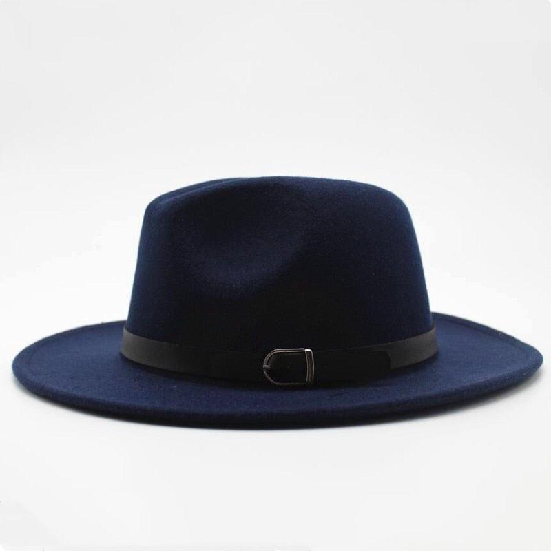 Vintage Wide Brim Fedora Hat with Buckle - Retro Wool Blend Cap