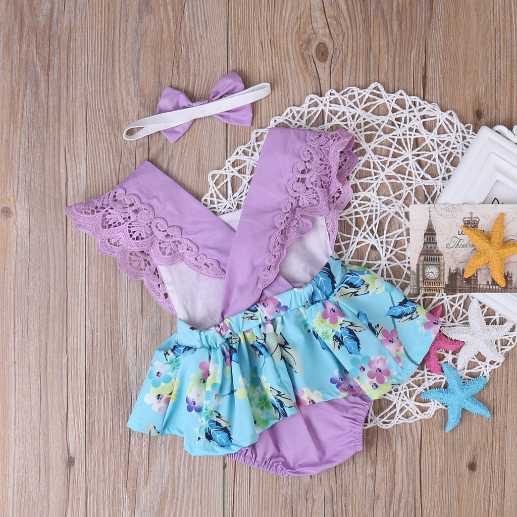 Baby Girl Floral Romper Dress in Purple or Teal with Headband