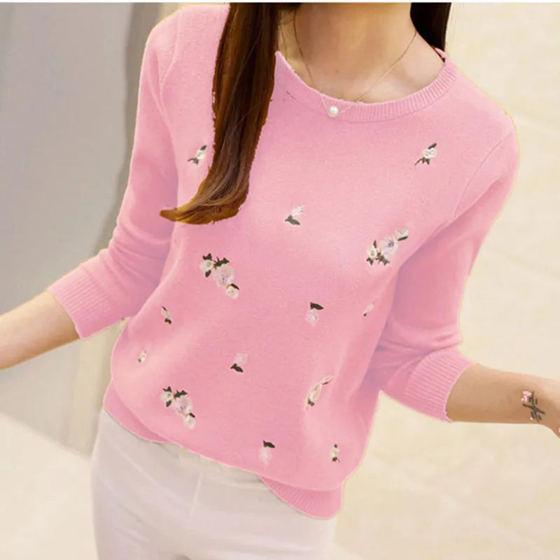 Women Floral Embroidered Knit Sweater Long Sleeve Pullover - Image 4