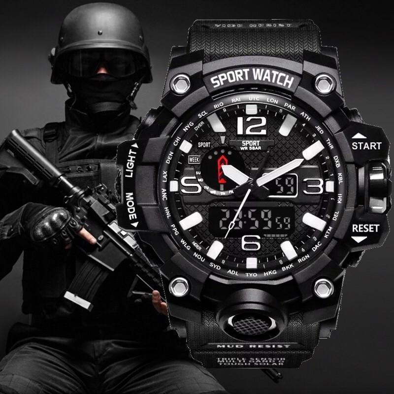 Stevvex military tactical sport watch with dual analog and digital display in a rugged black finish.