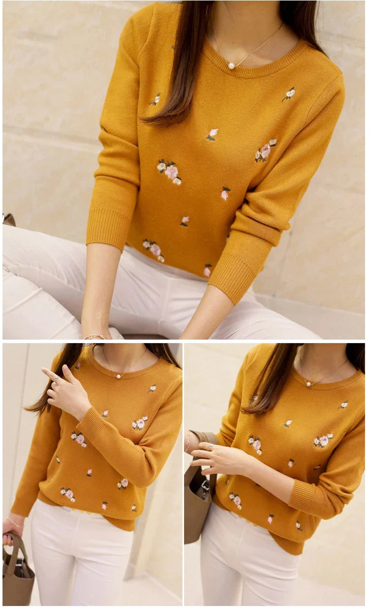 Women Floral Embroidered Knit Sweater Long Sleeve Pullover - Image 10