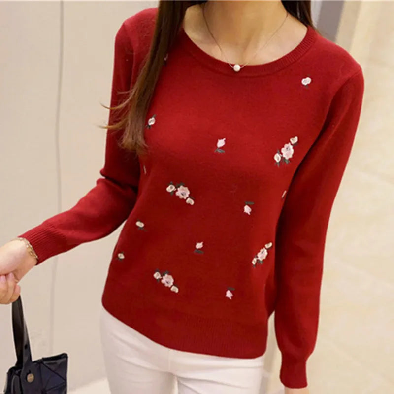 Women Floral Embroidered Knit Sweater Long Sleeve Pullover - Image 3