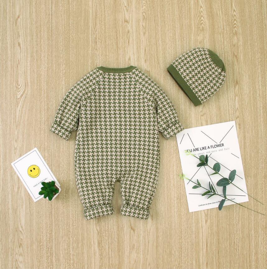 Knitted Newborn Baby Romper with Plaid Hat Cotton Jumpsuit