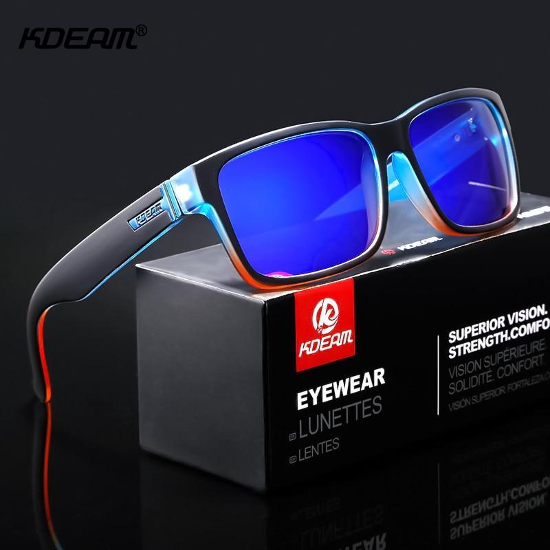 KDEAM sport sunglasses set with three interchangeable lenses and protective case.