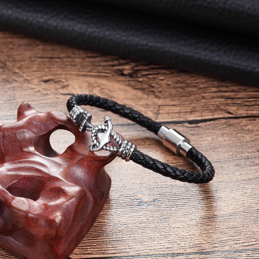 Black Leather Anchor Bracelet for Men and Couples