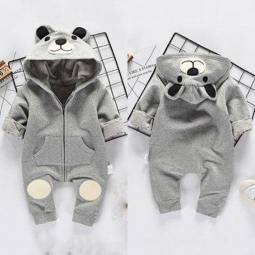 Baby Bear Ear Hooded Romper - Fleece Lined Winter Jumpsuit