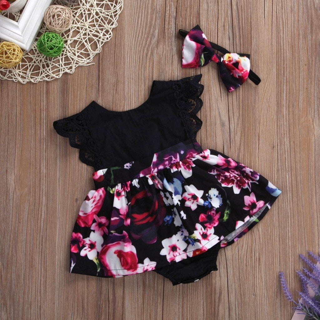 Newborn Baby Girl Floral Romper Tutu Dress with Bow