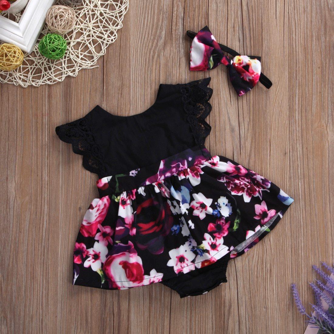 Newborn Baby Girl Floral Romper Tutu Dress with Bow