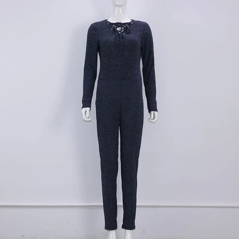 Women's Knit Bodycon Jumpsuit Long Sleeve V-Neck Grey