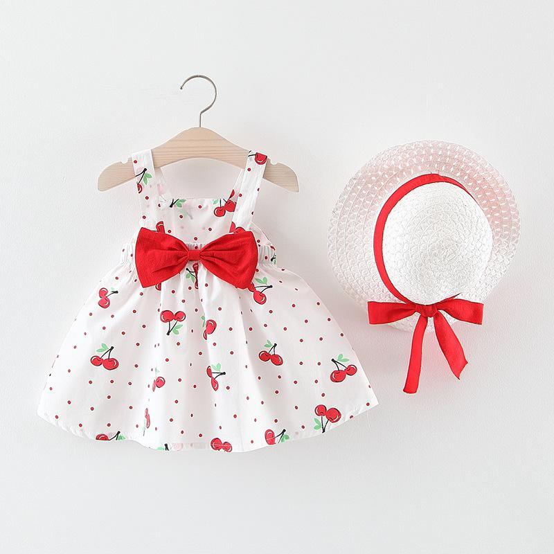 Summer Floral Sleeveless Princess Dress with Hat for Baby Girls