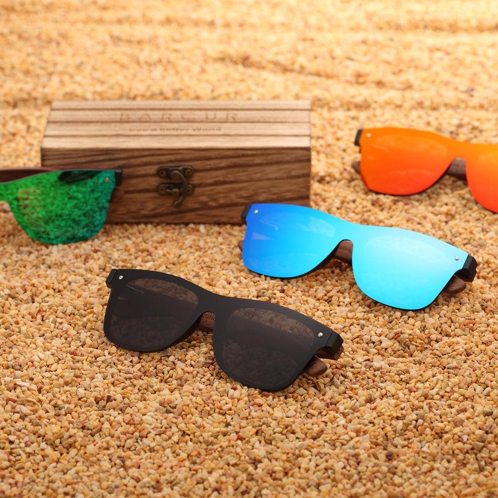 Square sunglasses with genuine black walnut wood arms and polarized UV400 lenses