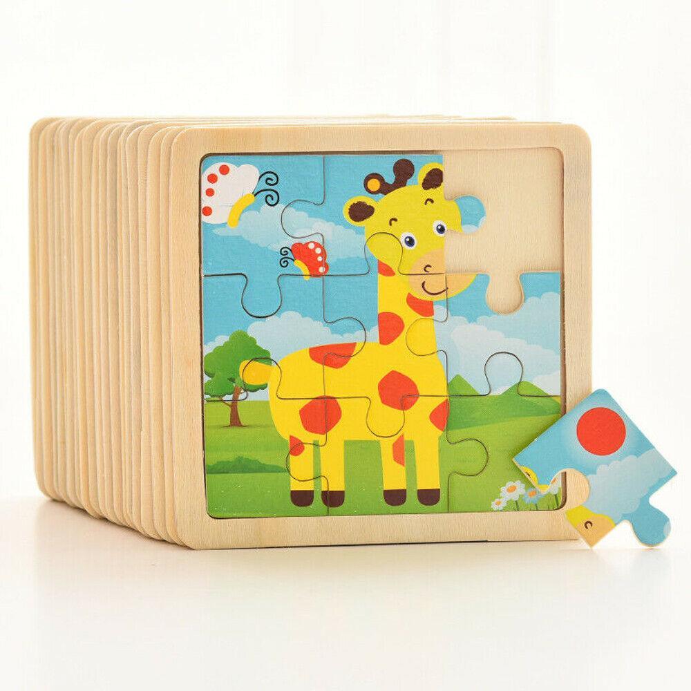 10-piece wooden cartoon animal puzzle set for toddlers on a plain background