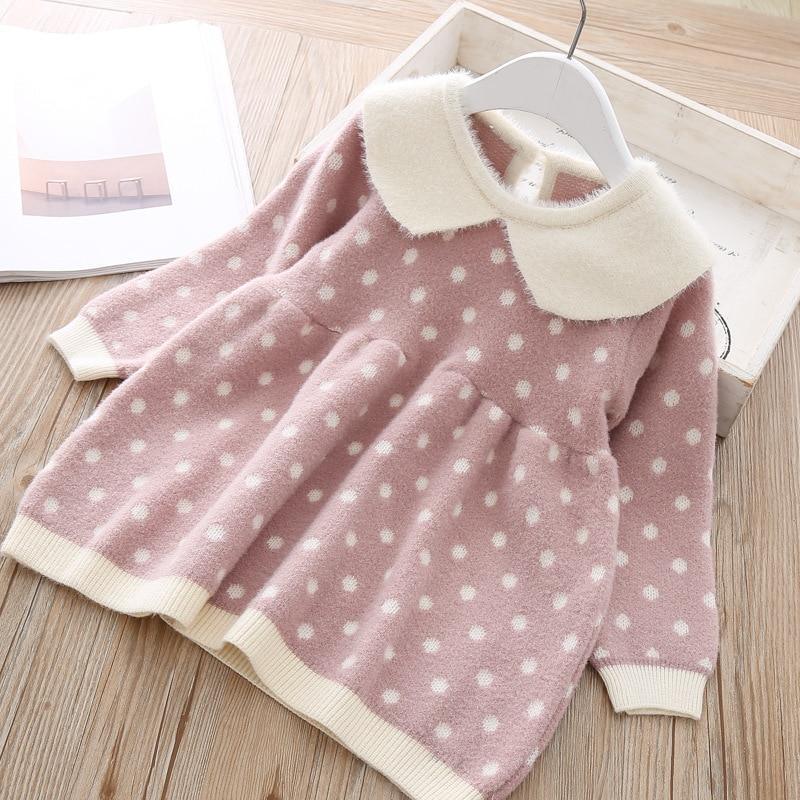 Retro Knit Sweater Dress for Baby Girls - Warm Polka Dot Vintage Look