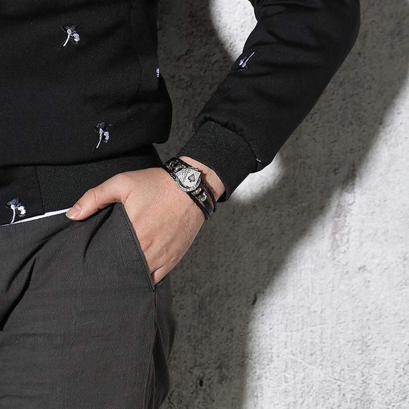 Vintage Men's Leather Playing Card Charm Multilayer Bracelet
