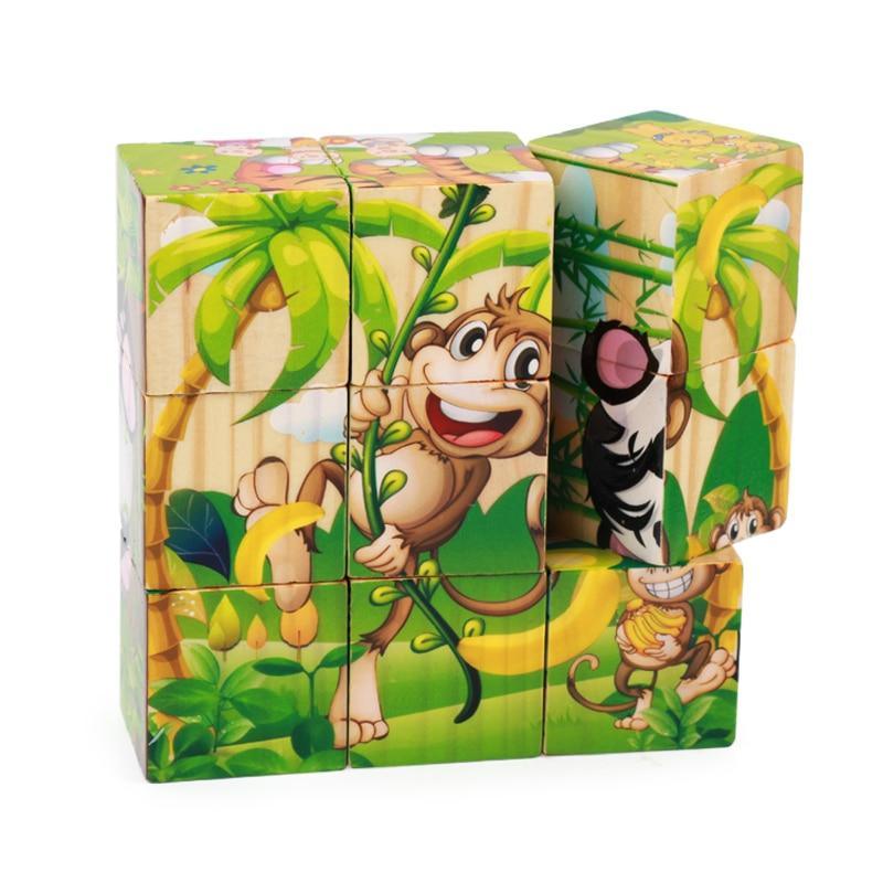 Nine-Block Wooden 3D Cube Puzzle Set - Vibrant Educational Toy