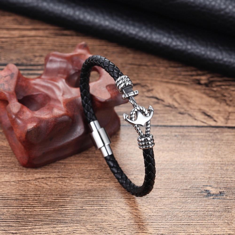Black Leather Anchor Bracelet for Men and Couples