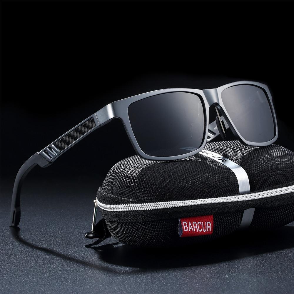 Men wearing sporty square polarized sunglasses with aluminum frames in black.