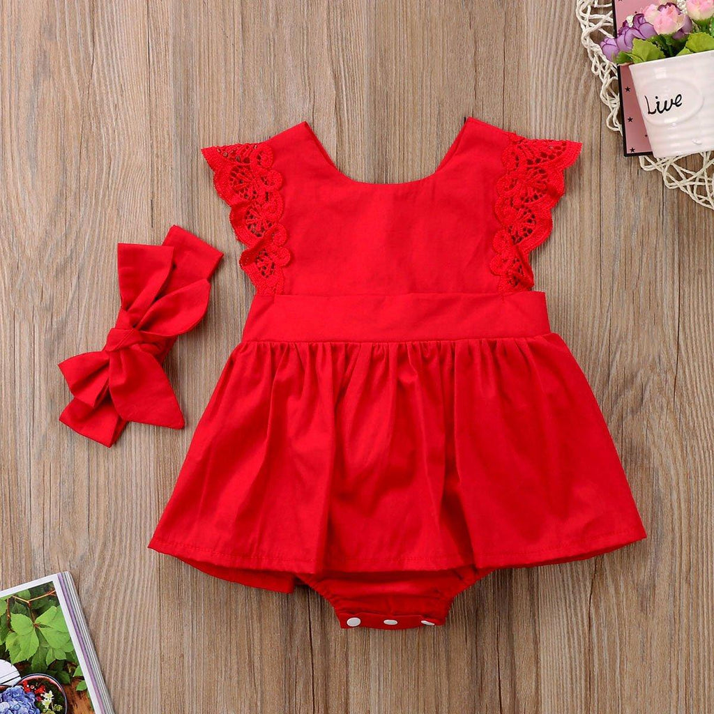 Red Lace Ruffle Romper Dress with Headband for Baby Girls
