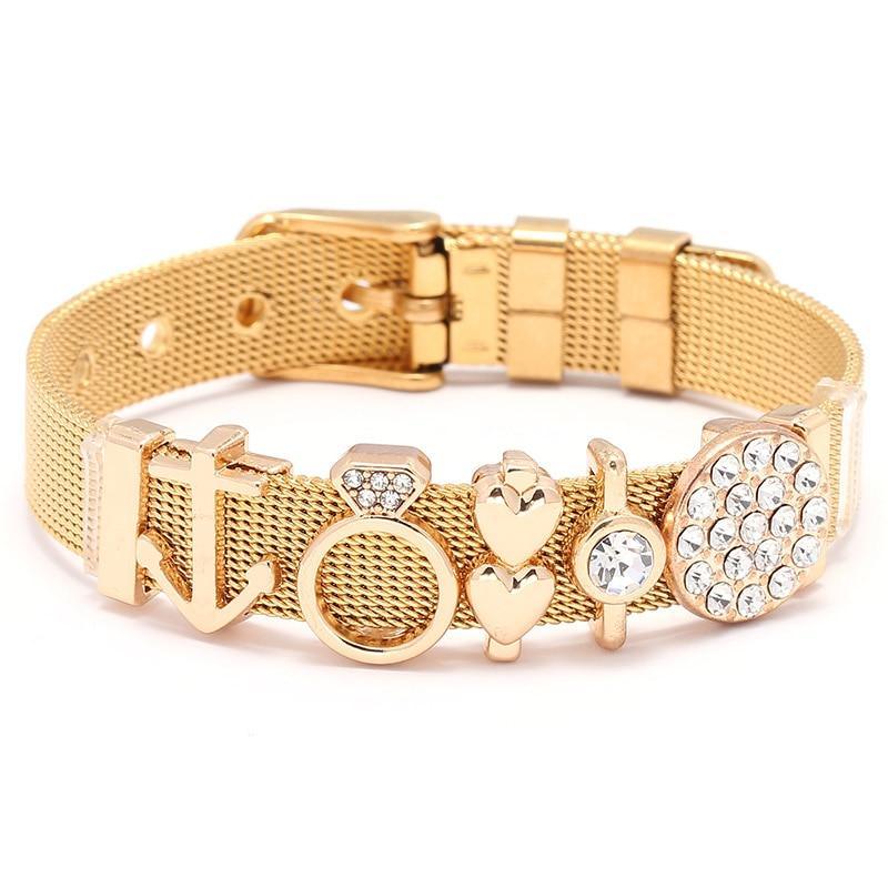 18K Gold Plated Italian Mesh Heart and Anchor Charm Bracelet