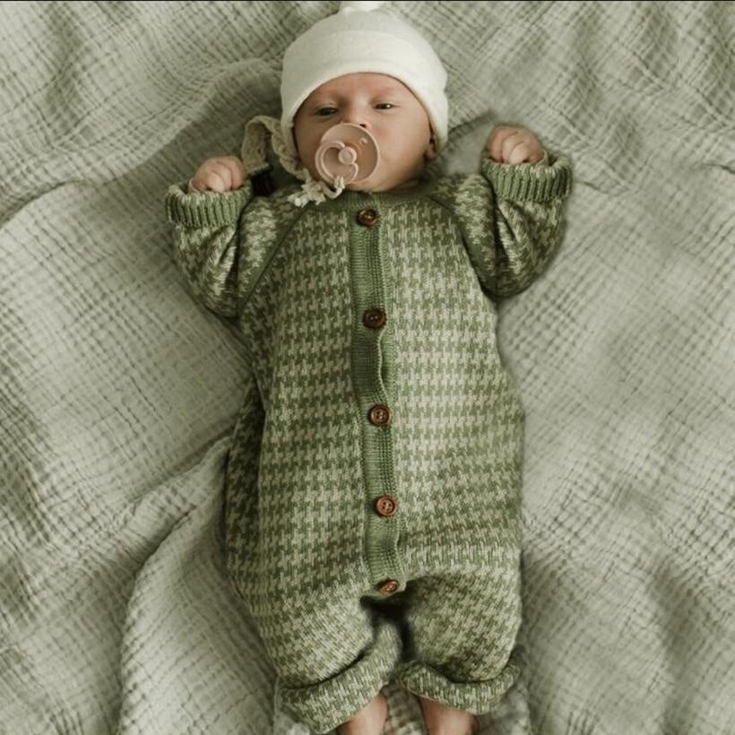Knitted Newborn Baby Romper with Plaid Hat Cotton Jumpsuit