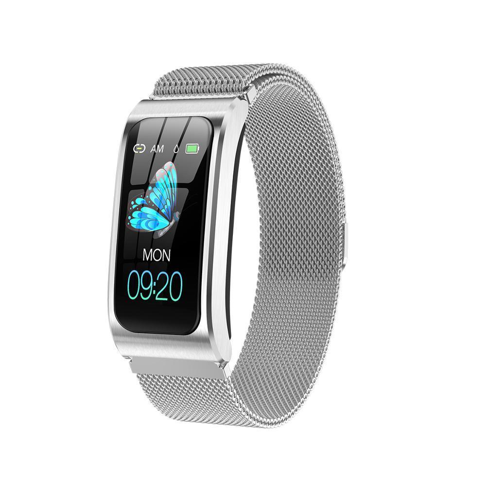 Luxury metal smart watch with 1.14-inch screen displaying health tracking interface