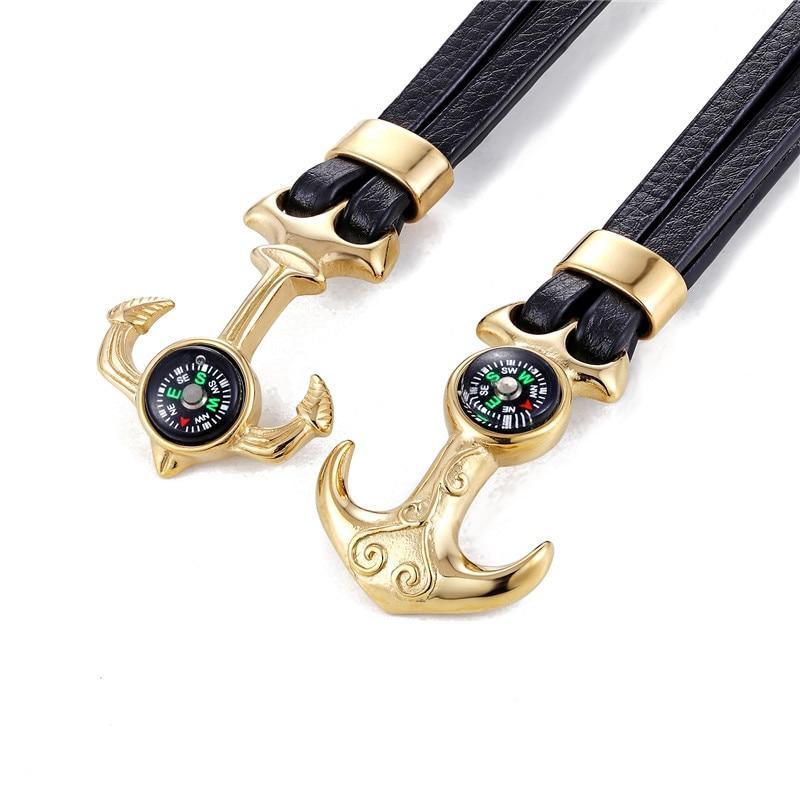 Multi-Layer Leather & Stainless Steel Nautical Charm Bracelet
