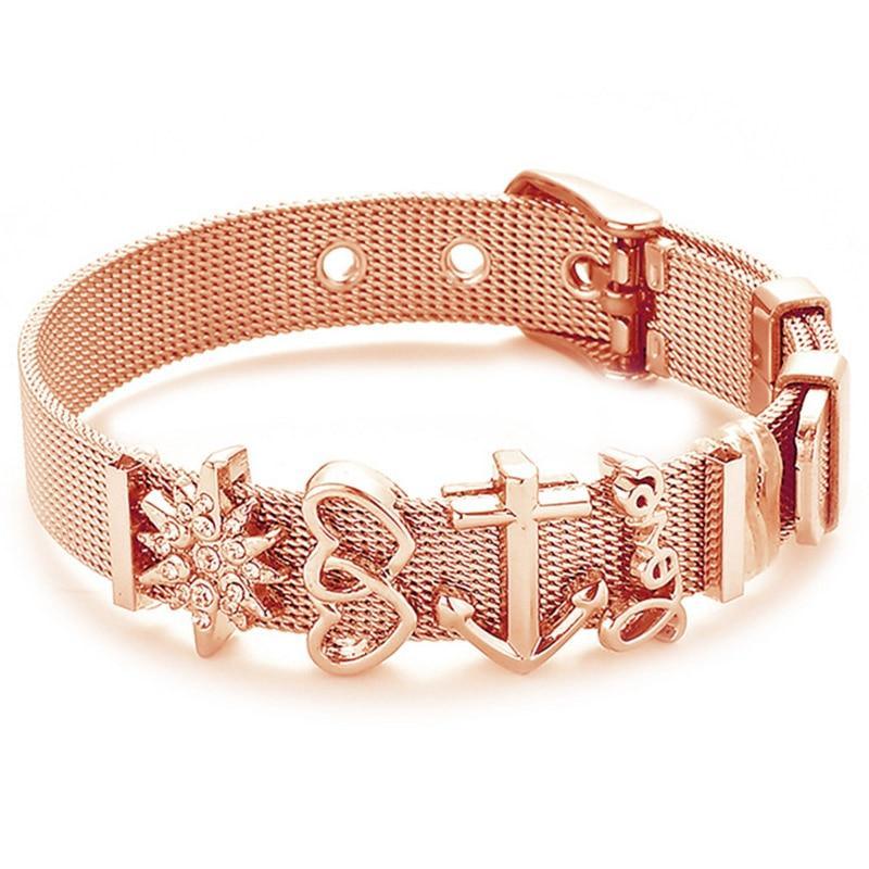 18K Gold Plated Italian Mesh Heart and Anchor Charm Bracelet