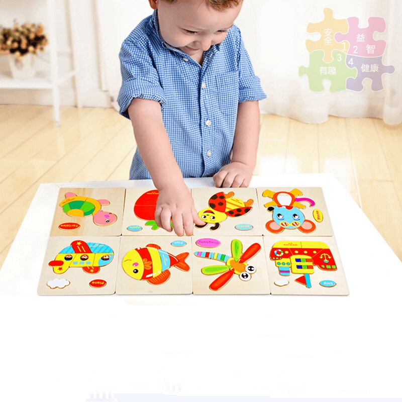 A variety of 3D wooden animal and fruit puzzles for children's educational play.