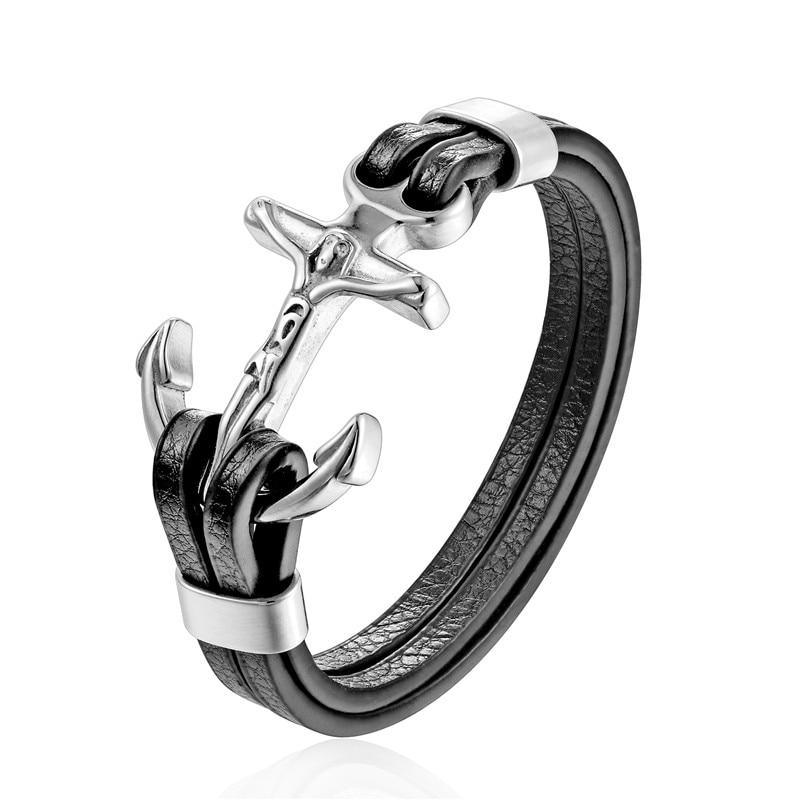 Men's Multi-Layer Braided Leather Anchor and Lion Charm Bracelet