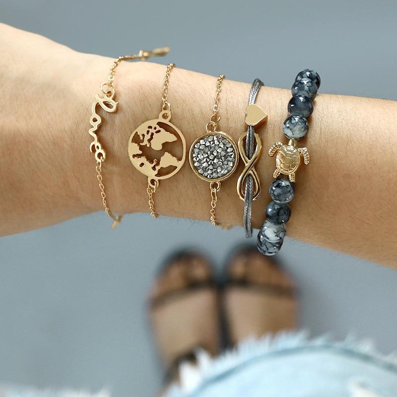 Boho Crystal Marble Heart Cuff Bracelet - Gold Infinity Love Knot