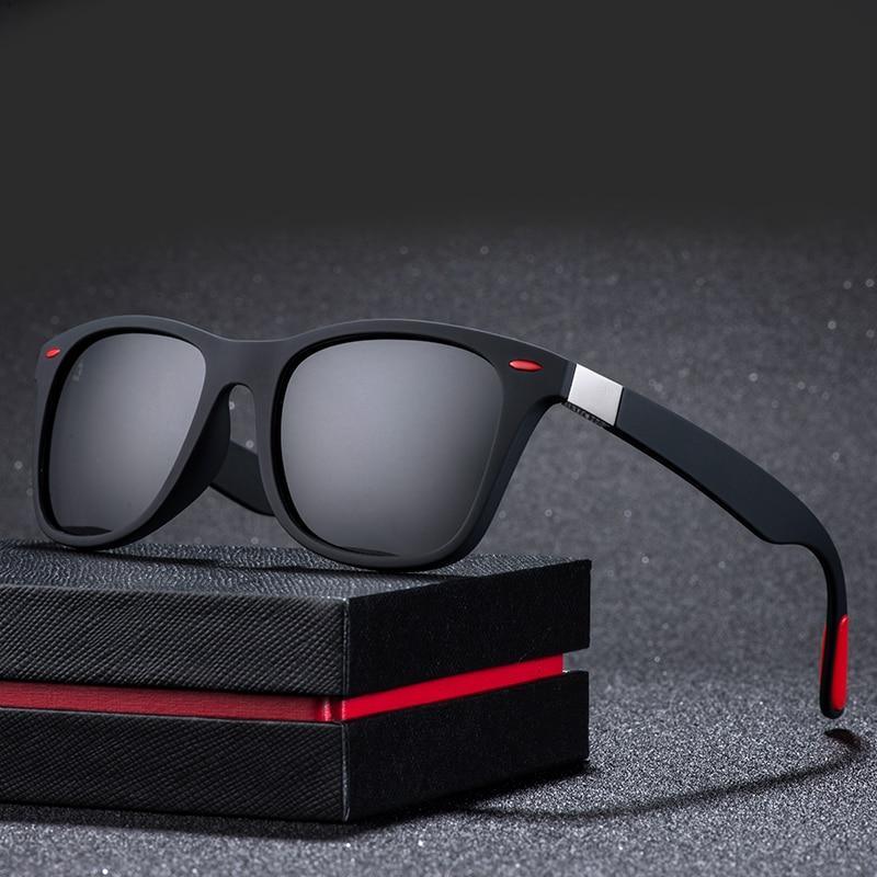 Unisex classic square frame polarized sunglasses in black, blue, and red available for driving.