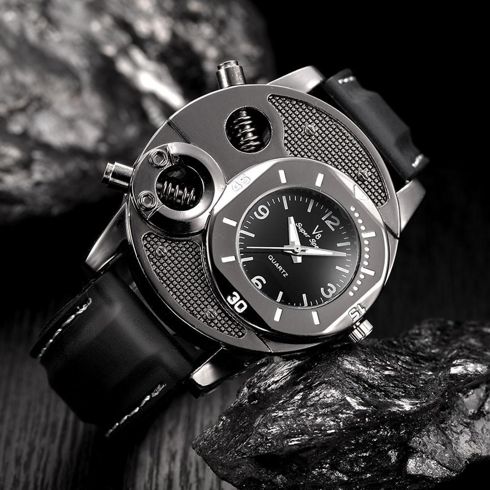 Men's Chronograph Luxury Leather Watch - Black & Silver Modern Style