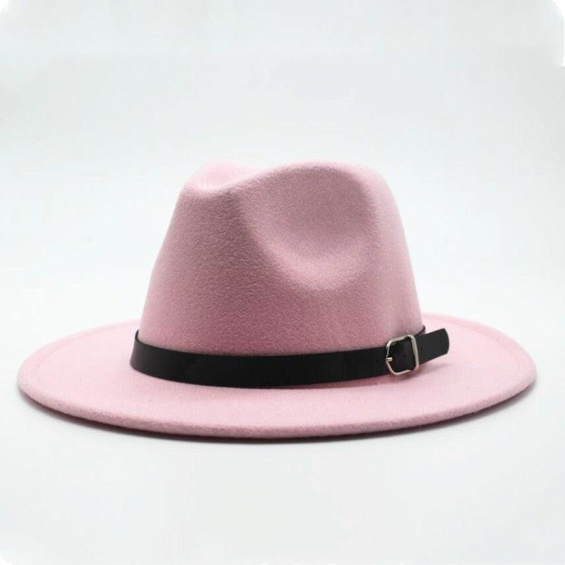 Vintage Wide Brim Fedora Hat with Buckle - Retro Wool Blend Cap