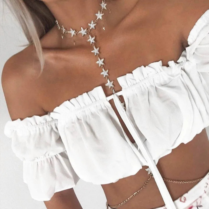 Women's Summer Crop Top, Strapless Lantern Sleeve Ruched Beach Tank