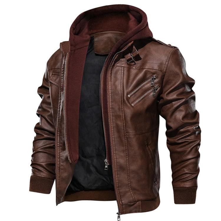 Men's Vintage Motorcycle Jacket with Removable Hood - Black Biker Coat