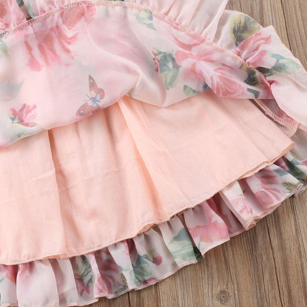 Floral Chiffon A-Line Dress with Lace Ruffle Sleeves