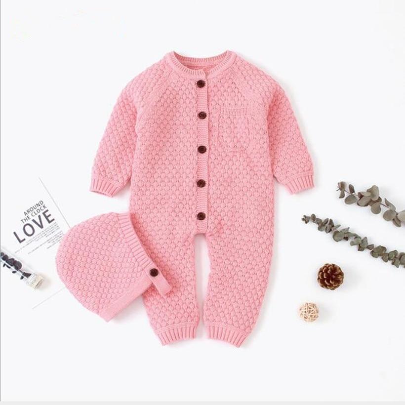 Classic Knitted Cotton Baby Romper with Hat Set for Winter