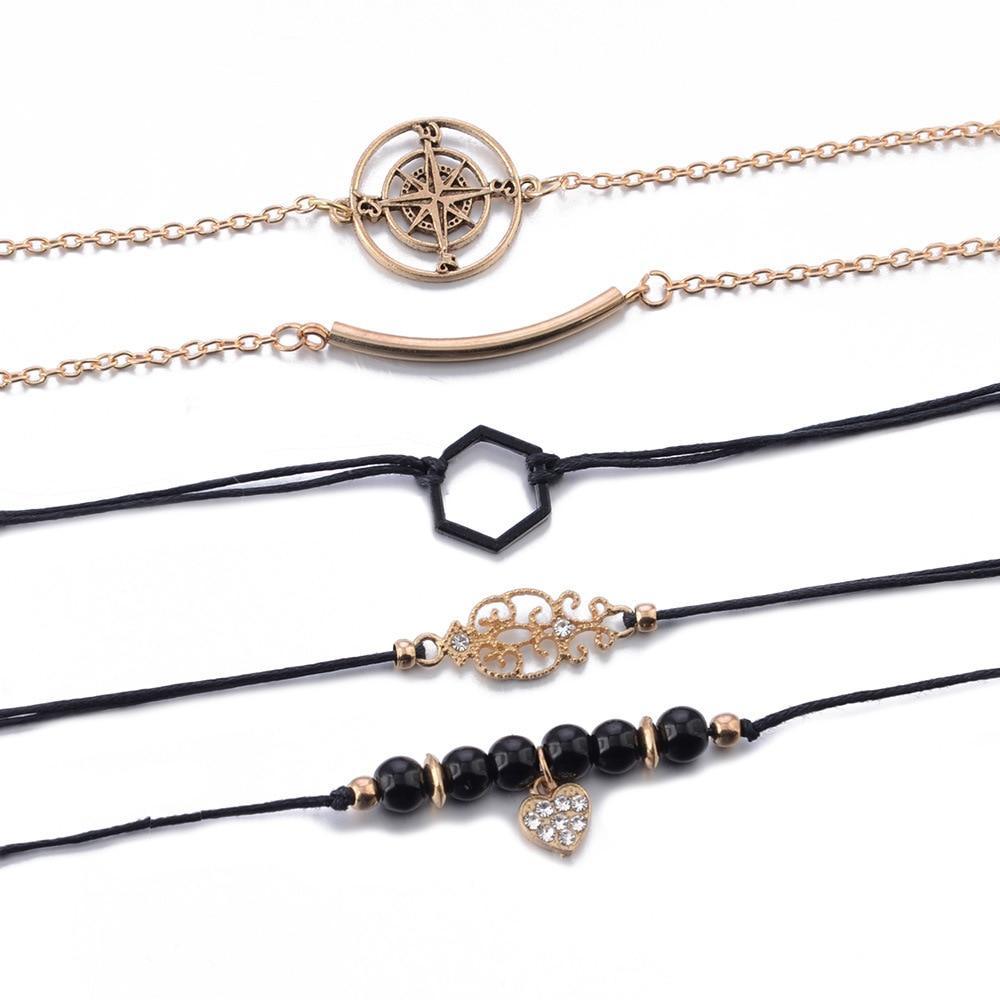 Bohemian Gold Tone Layered Chain Bracelet Set with Compass Charm