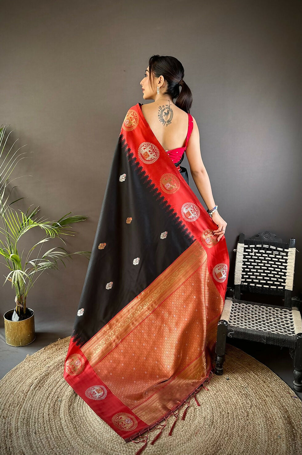 Red Butti Banarasi Silk Saree with Unstitched Blouse