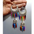 Half moon silver earrings with hanging chains and colorful pearls.
