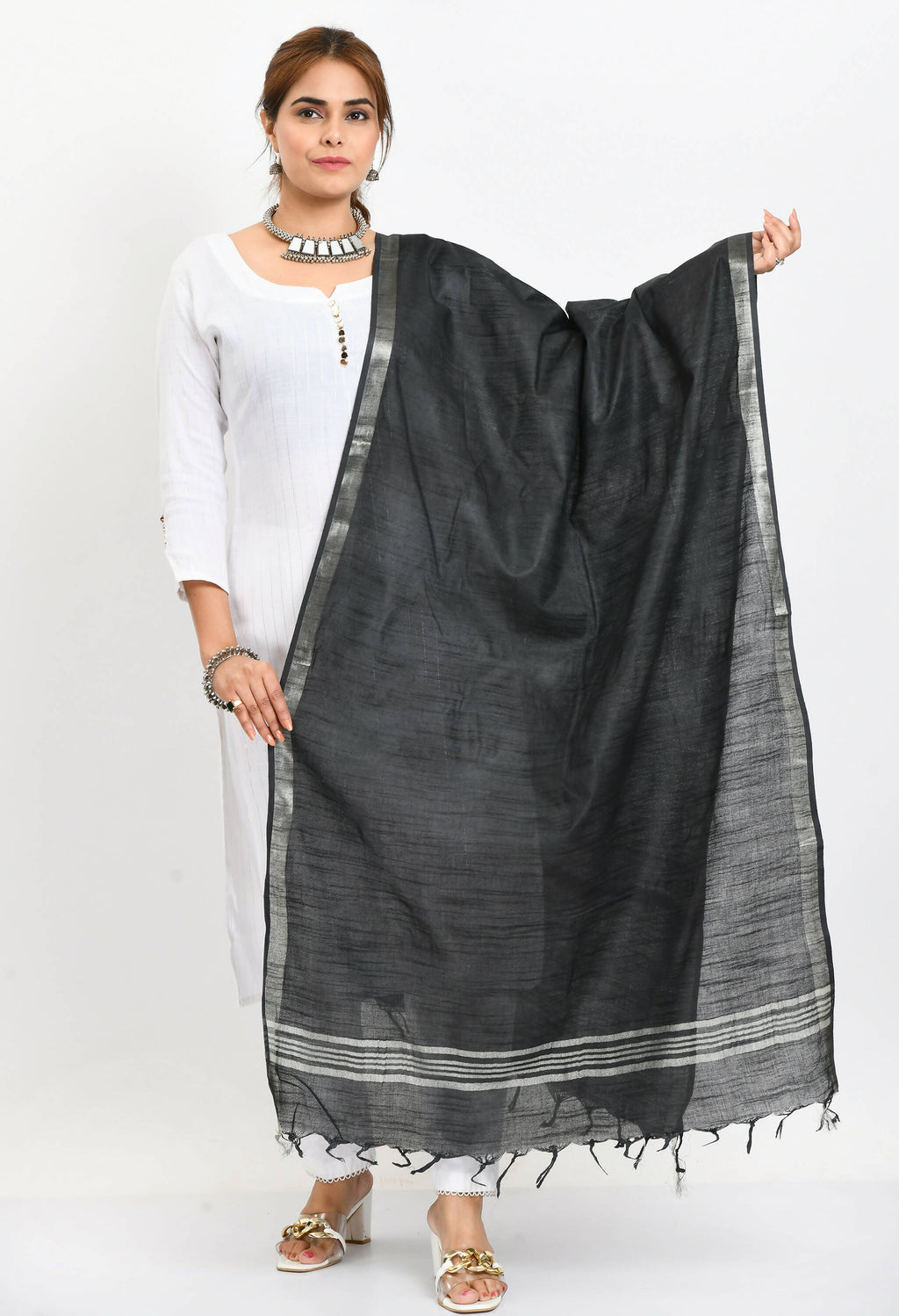 Sophisticated black linen cotton dupatta with silver border