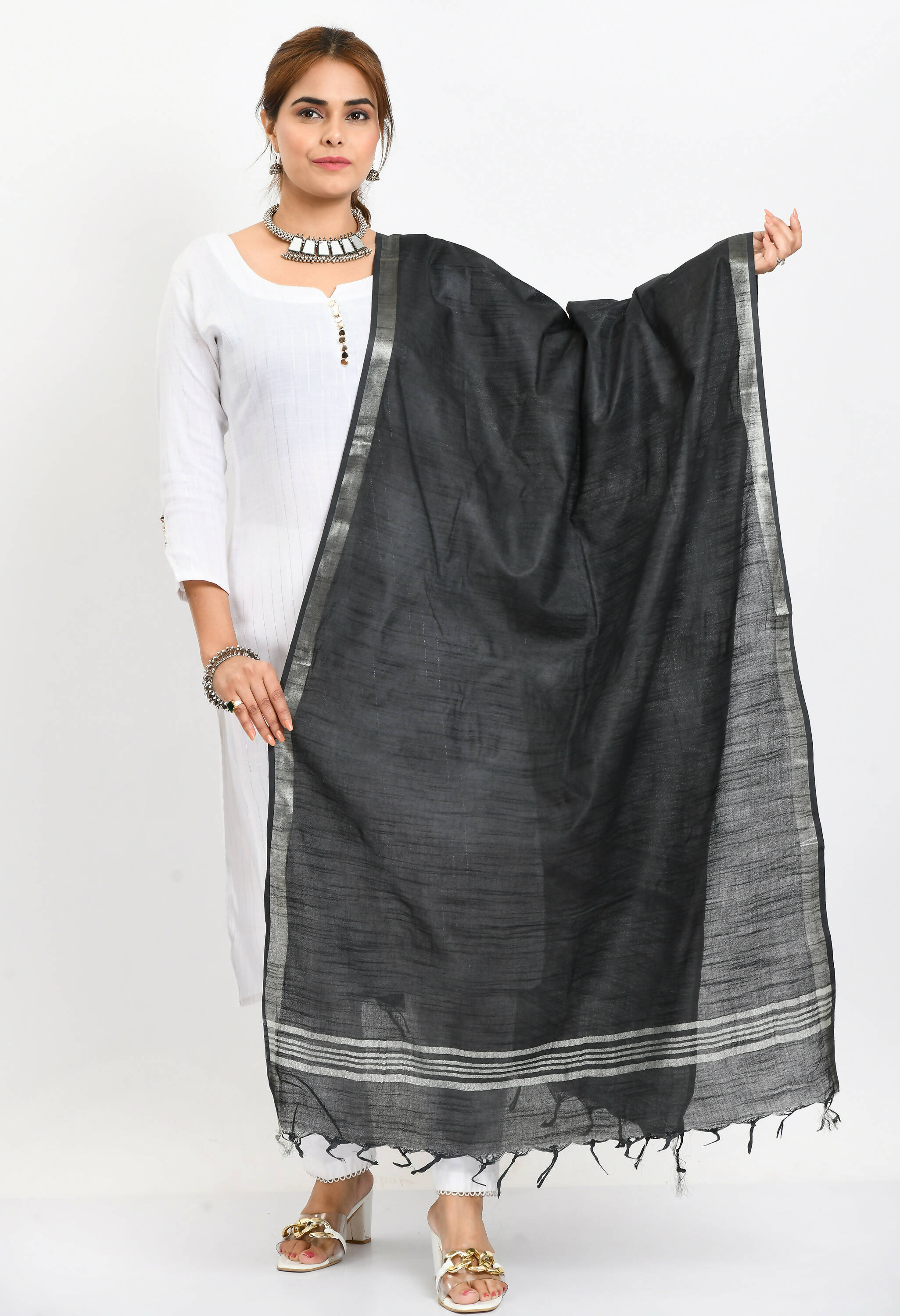 Sophisticated black linen cotton dupatta with silver border