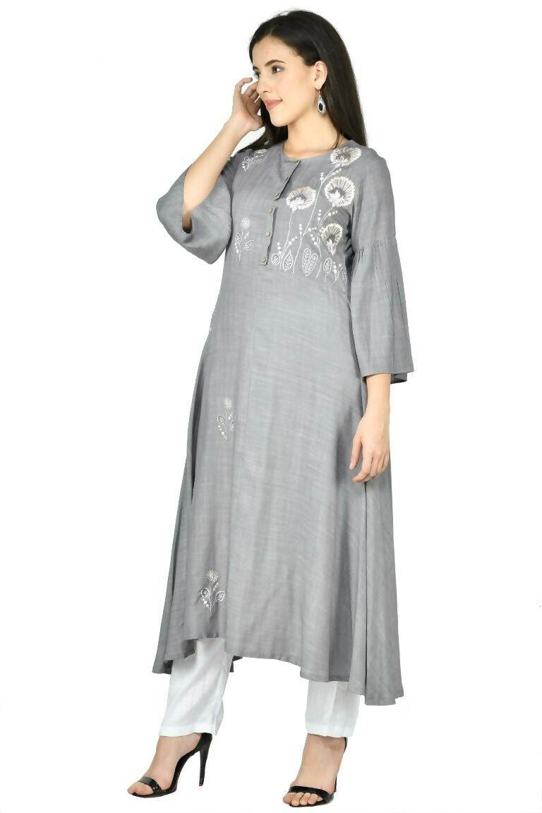 Grey Cotton Rayon Kurta Set for Women - Comfortable Ethnic Wear
