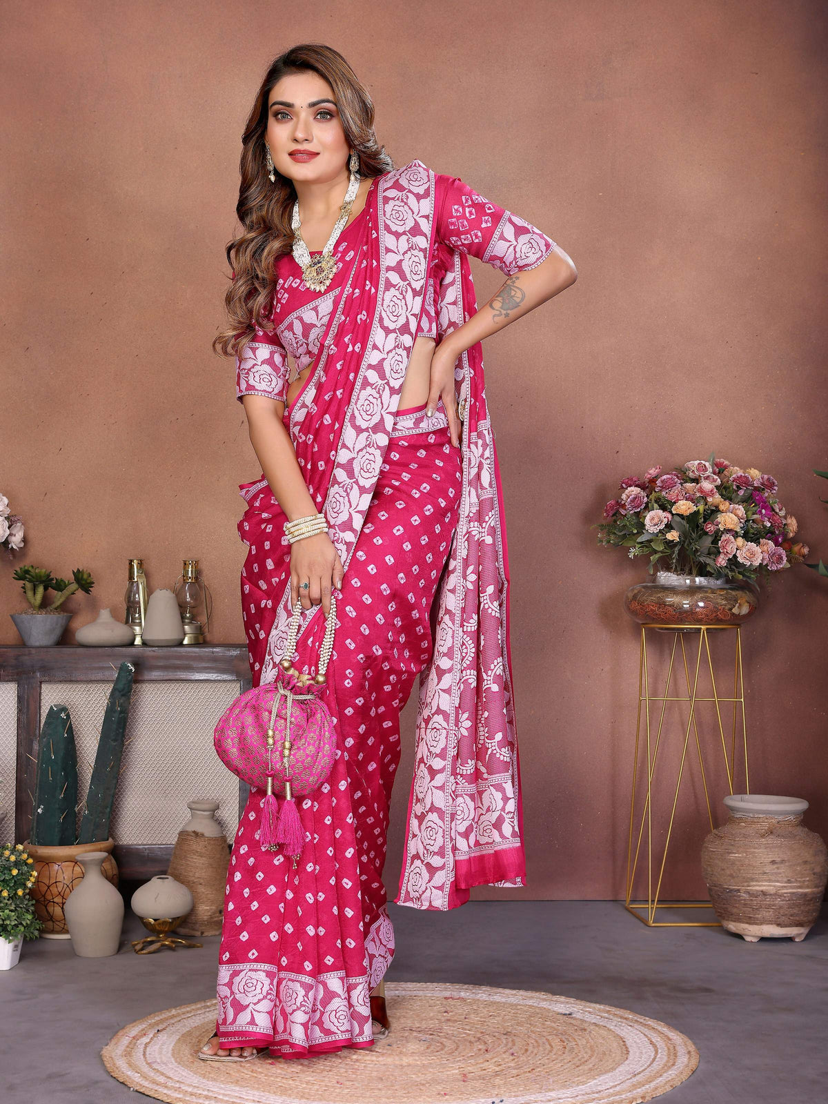 Pink Viscose Silk Saree with Handmade Original Bandhej Work