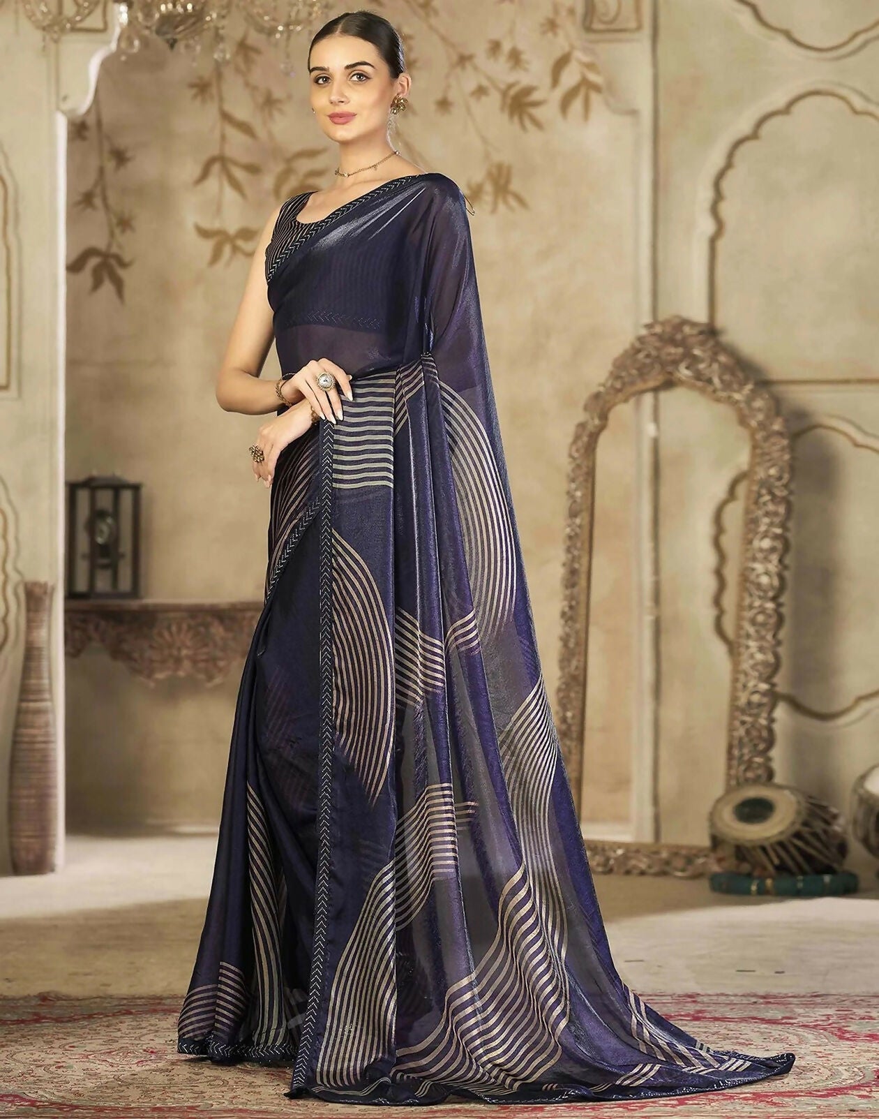 Navy Blue Satin Organza Saree with Swarovski Stone Work