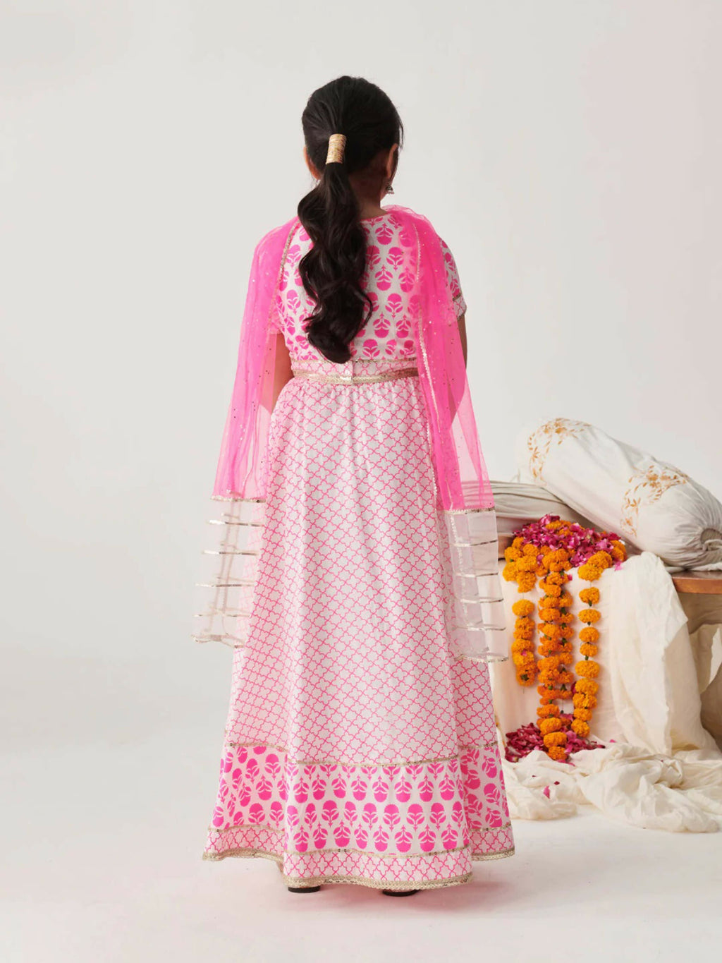 Girl's Pink Cotton Lehenga Choli with Net Dupatta