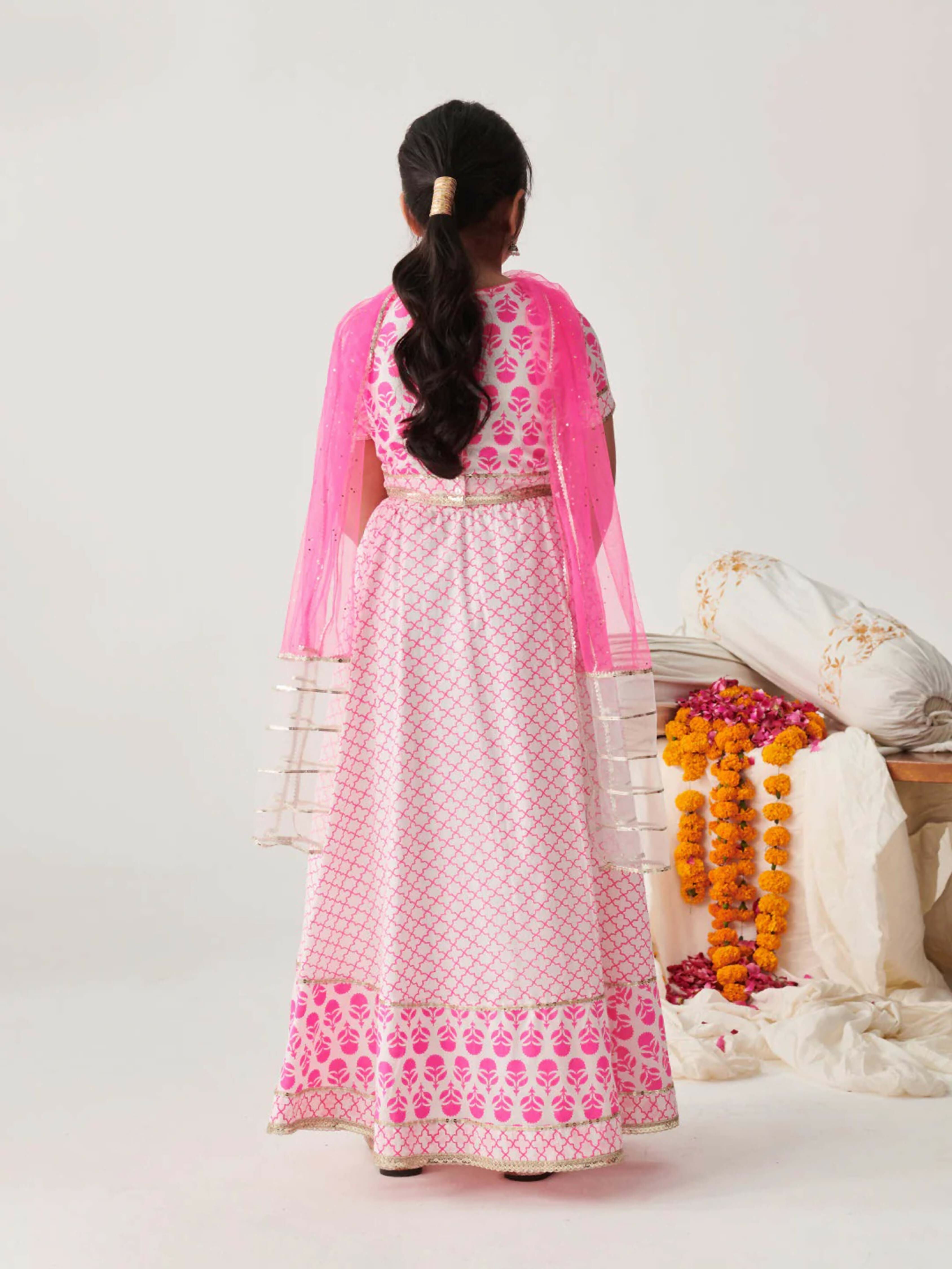 Girl's Pink Cotton Lehenga Choli with Net Dupatta