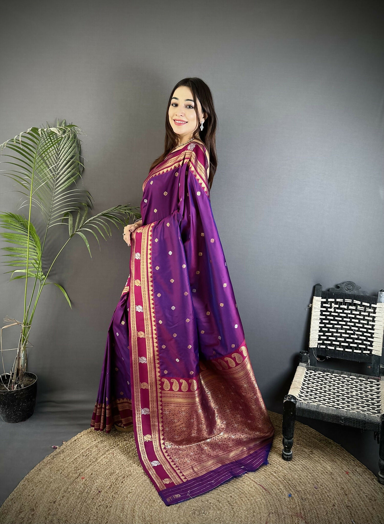 Purple Banarasi Soft Silk Woven Saree with Traditional Motifs