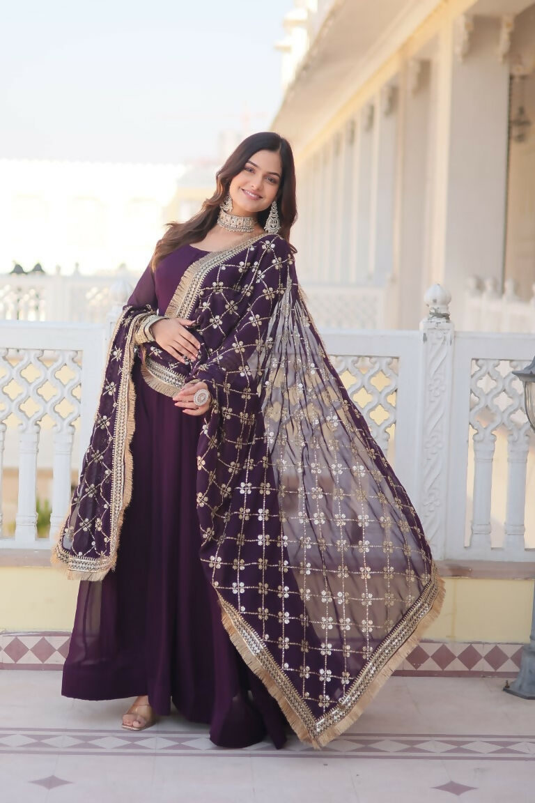Wine Faux Blooming Anarkali Dress with Sequins Zari Embroidery